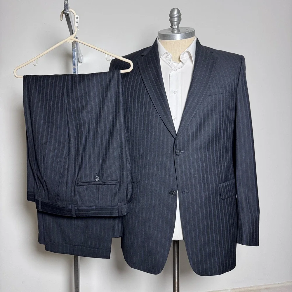 Hart Schaffner Marx Gold 44L 34W‎ Mens Navy Pinstripe Suit Made in USA Wool